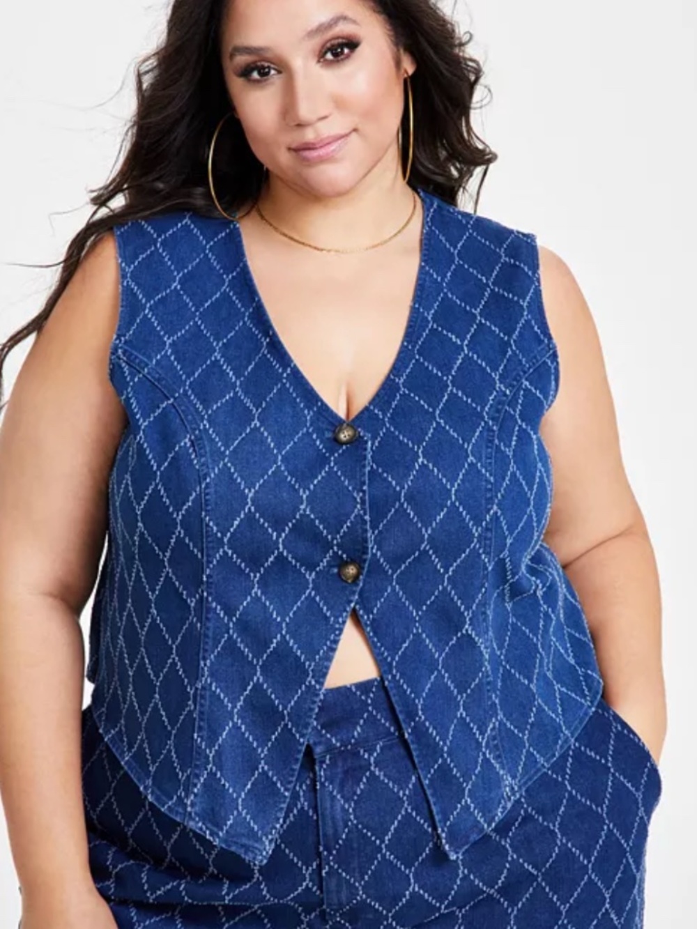 Nina Parker Plus Size Diamond-Texture Denim Vest - Dark Wash NWT